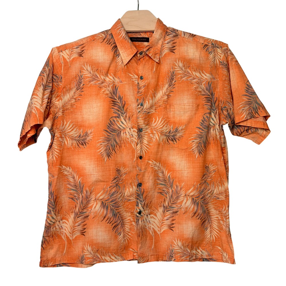 Tori Richard Hawaiian Shirt 2XL Orange Cotton Lawn Palm Print Made in USA